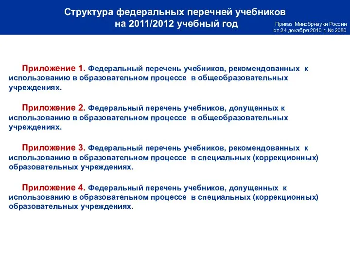 Структура федеральных перечней учебников на 2011/2012 учебный год Приложение 1. Федеральный перечень