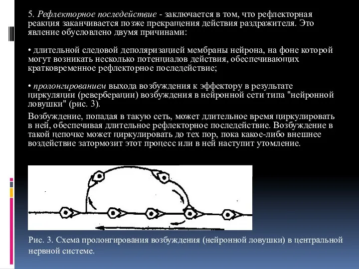 5. Рефлекторное последействие - заключается в том, что рефлекторная реакция заканчивается позже