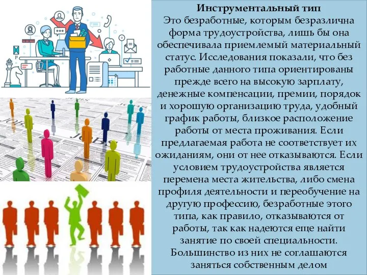 Инструментальный тип Это безработные, которым безраз­лична форма трудоустройства, лишь бы она обеспечивала