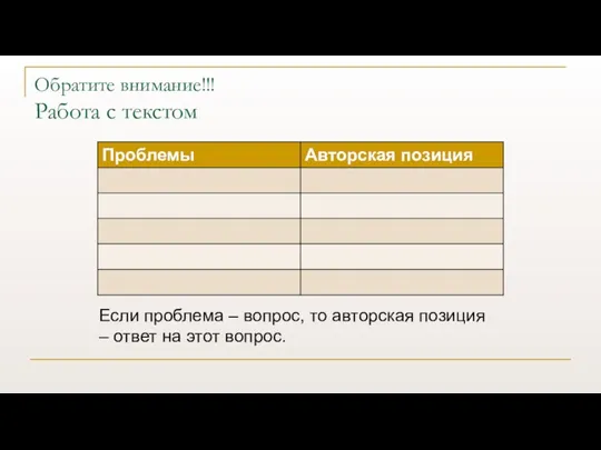 Обратите внимание!!! Работа с текстом Если проблема – вопрос, то авторская позиция