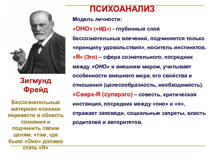 ПСИХОАНАЛИЗ Зигмунд Фрейд Модель личности: «ОНО» («ИД») - глубинный слой бессознательных влечений,