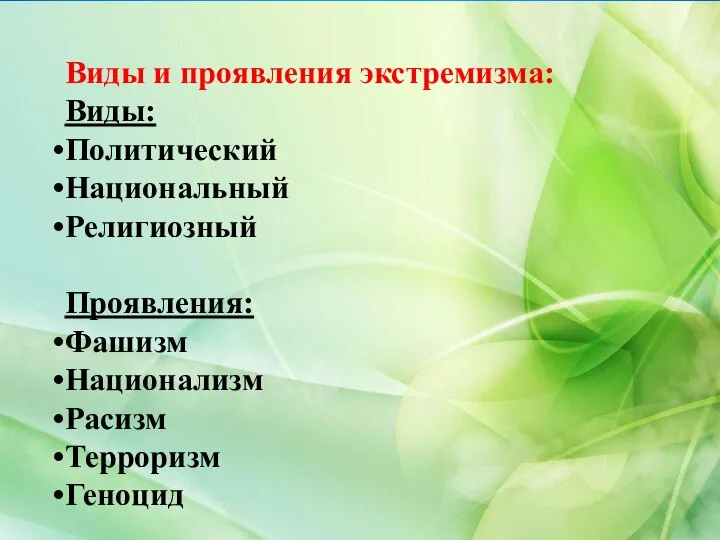 Виды и проявления экстремизма: Виды: Политический Национальный Религиозный Проявления: Фашизм Национализм Расизм Терроризм Геноцид