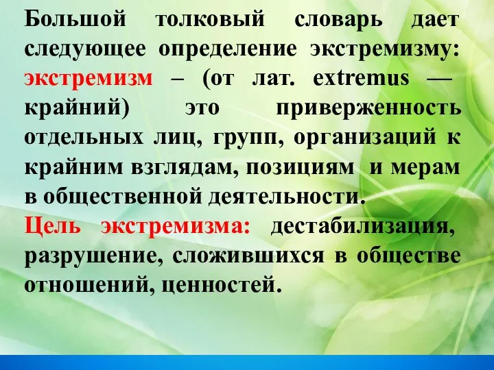 Большой толковый словарь дает следующее определение экстремизму: экстремизм – (от лат. extremus