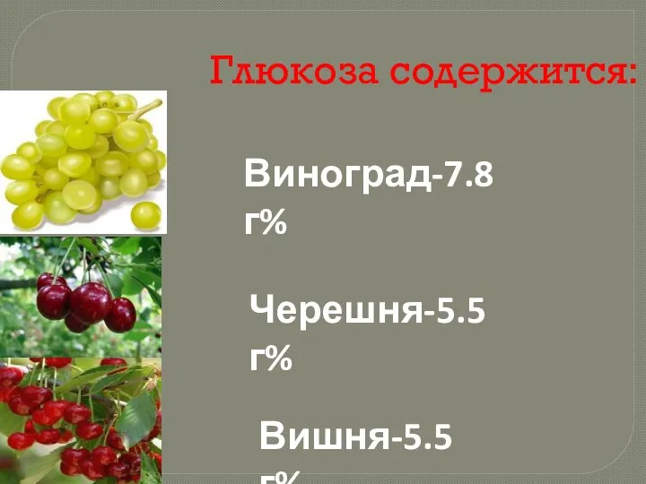 Глюкоза содержится: Виноград-7.8 г% Черешня-5.5 г% Вишня-5.5 г%