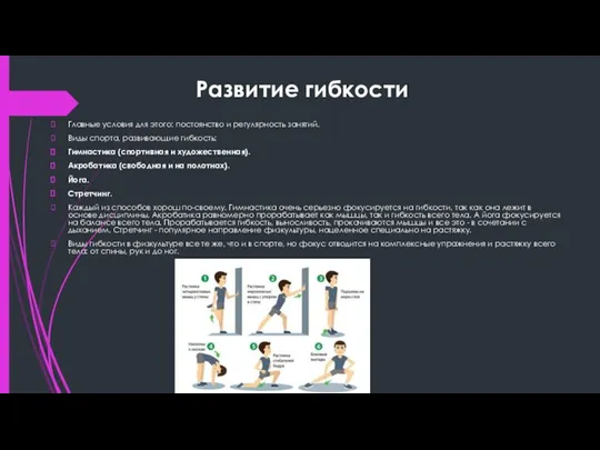 Развитие гибкости Главные условия для этого: постоянство и регулярность занятий. Виды спорта,