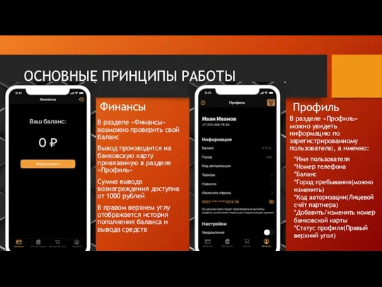 ОСНОВНЫЕ ПРИНЦИПЫ РАБОТЫ Финансы В разделе «Финансы» возможно проверить свой баланс Вывод