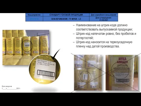 Наименование на штрих-коде должно соответствовать выпускаемой продукции; Штрих-код напечатан ровно, без пробелов