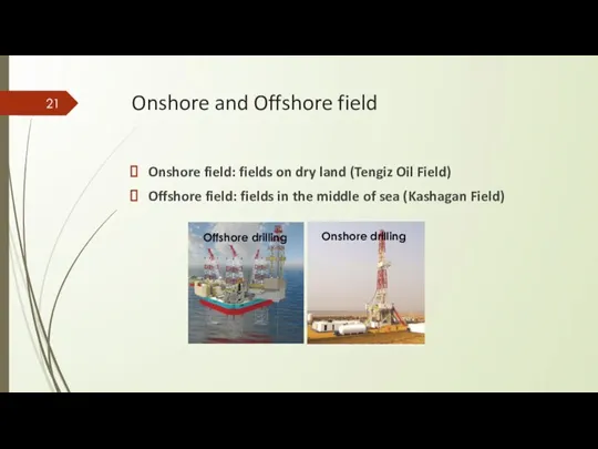 Onshore and Offshore field Onshore field: fields on dry land (Tengiz Oil