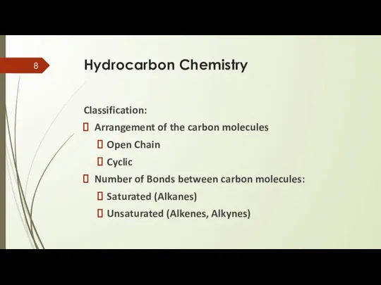 Hydrocarbon Chemistry Classification: Arrangement of the carbon molecules Open Chain Cyclic Number