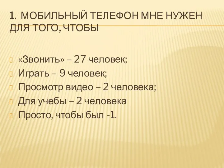 1. МОБИЛЬНЫЙ ТЕЛЕФОН МНЕ НУЖЕН ДЛЯ ТОГО, ЧТОБЫ «Звонить» – 27 человек;