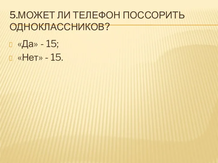 5.МОЖЕТ ЛИ ТЕЛЕФОН ПОССОРИТЬ ОДНОКЛАССНИКОВ? «Да» - 15; «Нет» - 15.