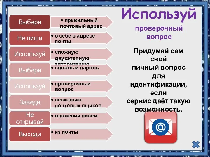 Используй проверочный вопрос Придумай сам свой личный вопрос для идентификации, если сервис даёт такую возможность.