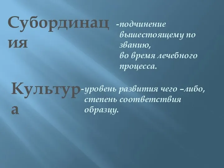 Субординация подчинение вышестоящему по званию, во время лечебного процесса. Культура уровень развития