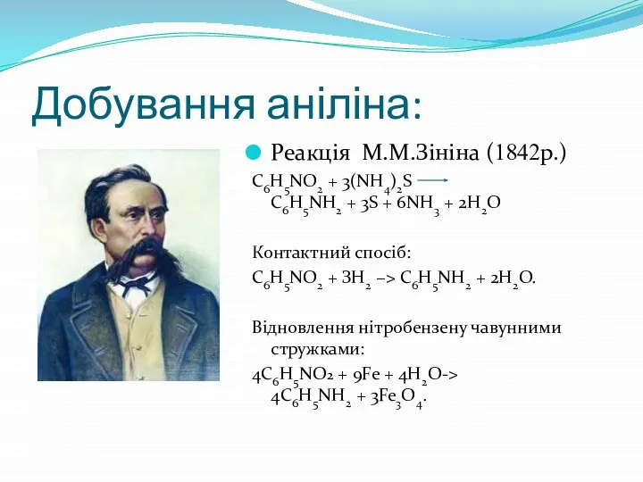 Добування аніліна: Реакція М.М.Зініна (1842р.) C6H5NO2 + 3(NH4)2S C6H5NH2 + 3S +