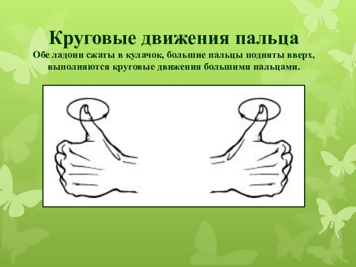 Круговые движения пальца Обе ладони сжаты в кулачок, большие пальцы подняты вверх,