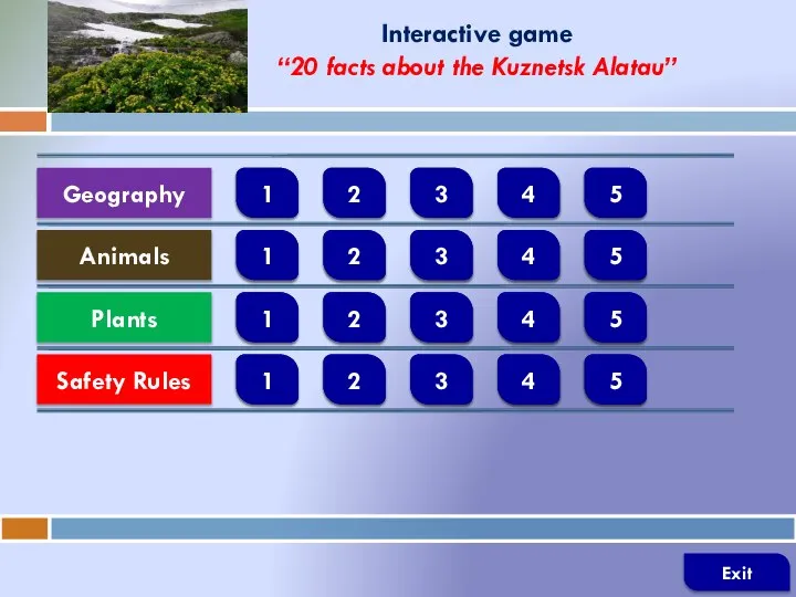 Interactive game “20 facts about the Kuznetsk Alatau” Geography Animals Plants Safety