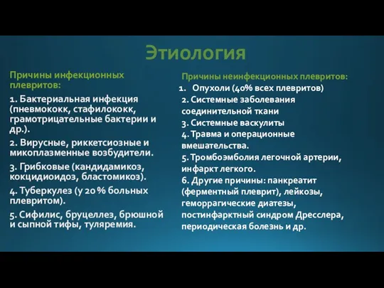 Этиология Причины неинфекционных плевритов: Опухоли (40% всех плевритов) 2. Системные заболевания соединительной