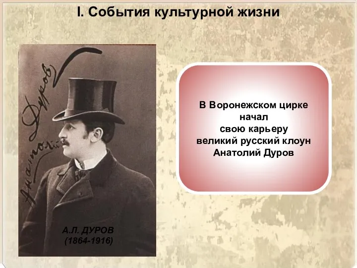 В Воронежском цирке начал свою карьеру великий русский клоун Анатолий Дуров I.