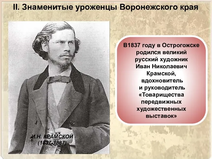 II. Знаменитые уроженцы Воронежского края В1837 году в Острогожске родился великий русский