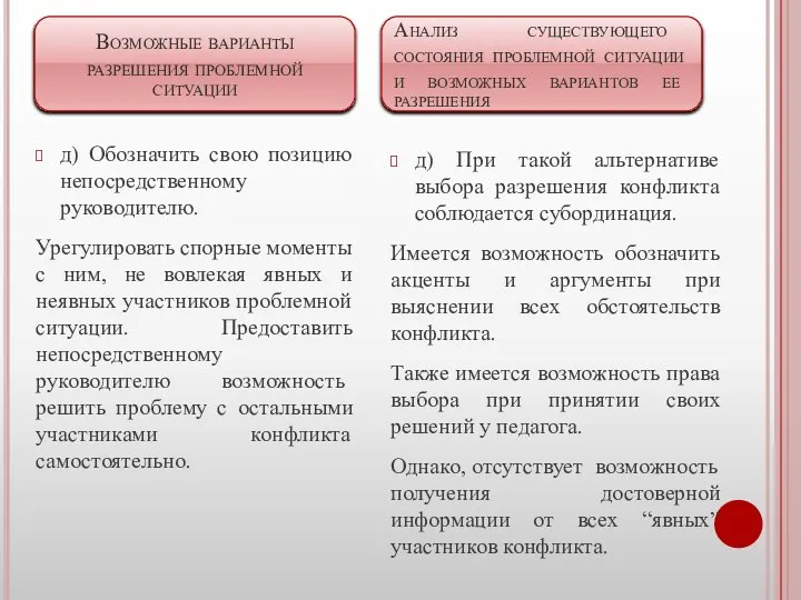 д) Обозначить свою позицию непосредственному руководителю. Урегулировать спорные моменты с ним, не