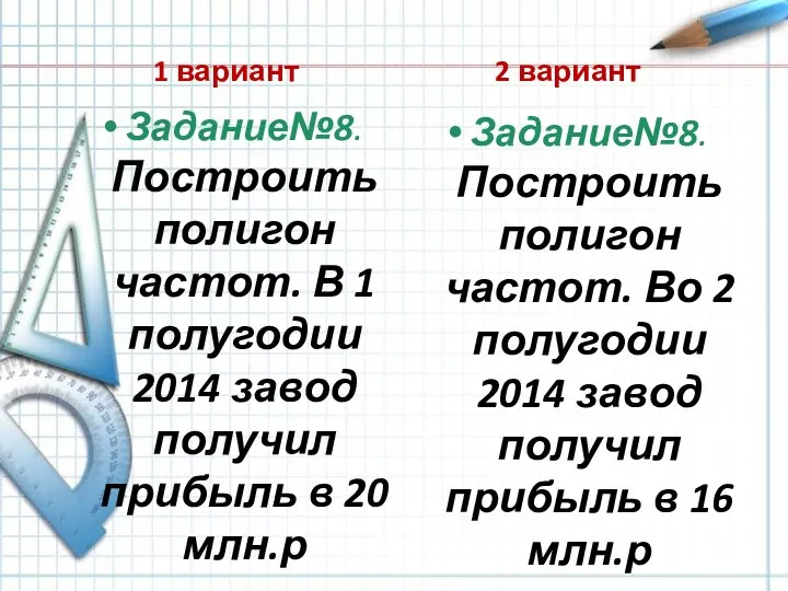 1 вариант Задание№8. Построить полигон частот. В 1 полугодии 2014 завод получил