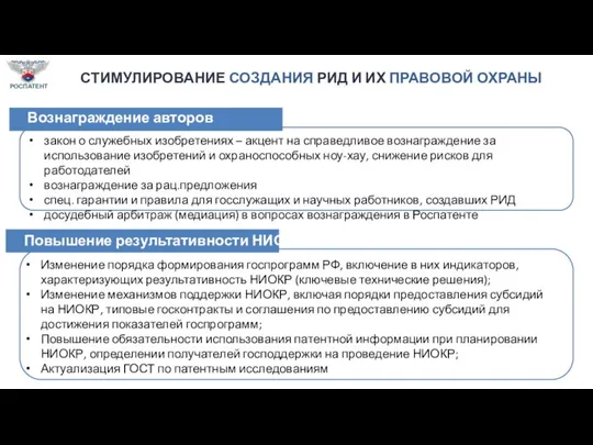 СТИМУЛИРОВАНИЕ СОЗДАНИЯ РИД И ИХ ПРАВОВОЙ ОХРАНЫ закон о служебных изобретениях –