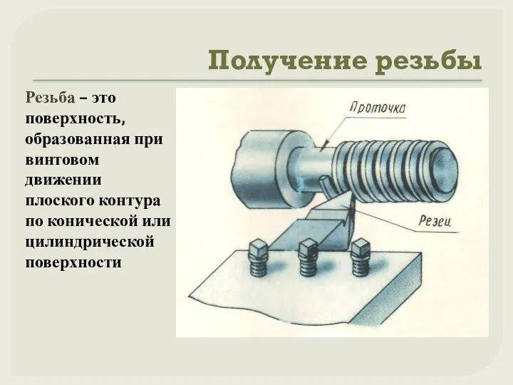 Получение резьбы Резьба – это поверхность, образованная при винтовом движении плоского контура