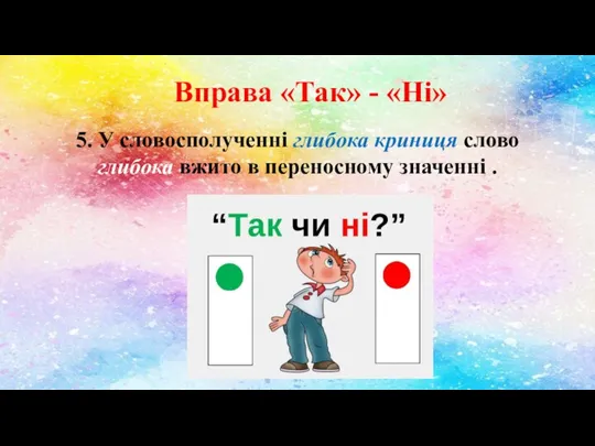 Вправа «Так» - «Ні» 5. У словосполученні глибока криниця слово глибока вжито в переносному значенні .