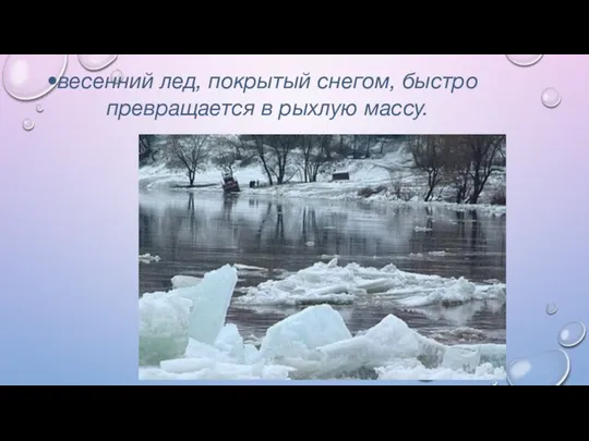 весенний лед, покрытый снегом, быстро превращается в рыхлую массу.