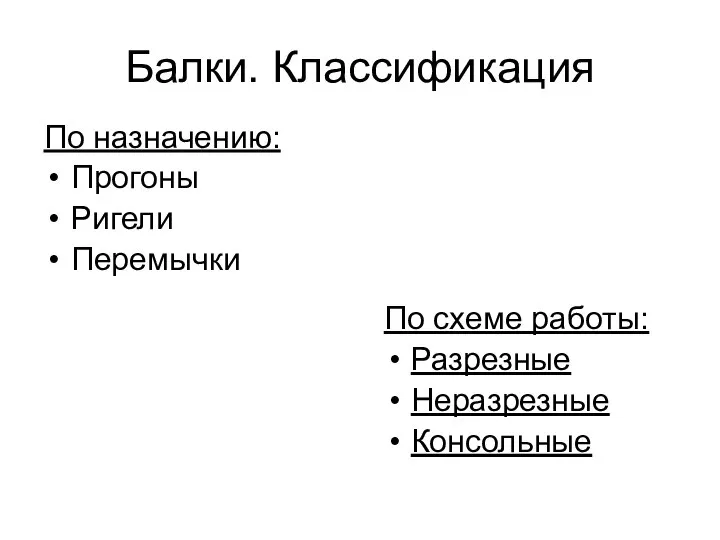 Балки. Классификация По назначению: Прогоны Ригели Перемычки По схеме работы: Разрезные Неразрезные Консольные