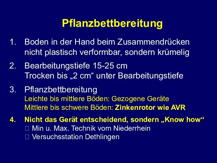 Pflanzbettbereitung Boden in der Hand beim Zusammendrücken nicht plastisch verformbar, sondern krümelig