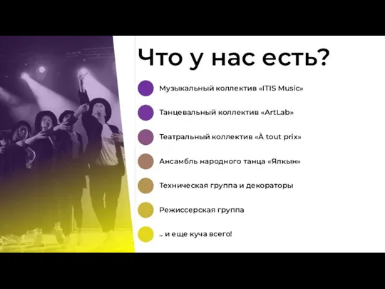 Что у нас есть? Музыкальный коллектив «ITIS Music» Танцевальный коллектив «ArtLab» Театральный