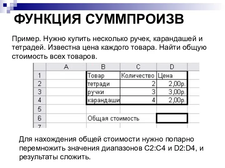 ФУНКЦИЯ СУММПРОИЗВ Пример. Нужно купить несколько ручек, карандашей и тетрадей. Известна цена