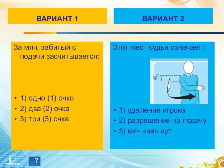 ВАРИАНТ 1 За мяч, забитый с подачи засчитывается: 1) одно (1) очко