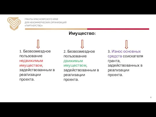 Имущество: 1. Безвозмездное пользование недвижимым имуществом, задействованным в реализации проекта. 2. Безвозмездное