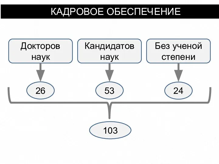 КАДРОВОЕ ОБЕСПЕЧЕНИЕ Докторов наук Кандидатов наук Без ученой степени 26 53 24 103