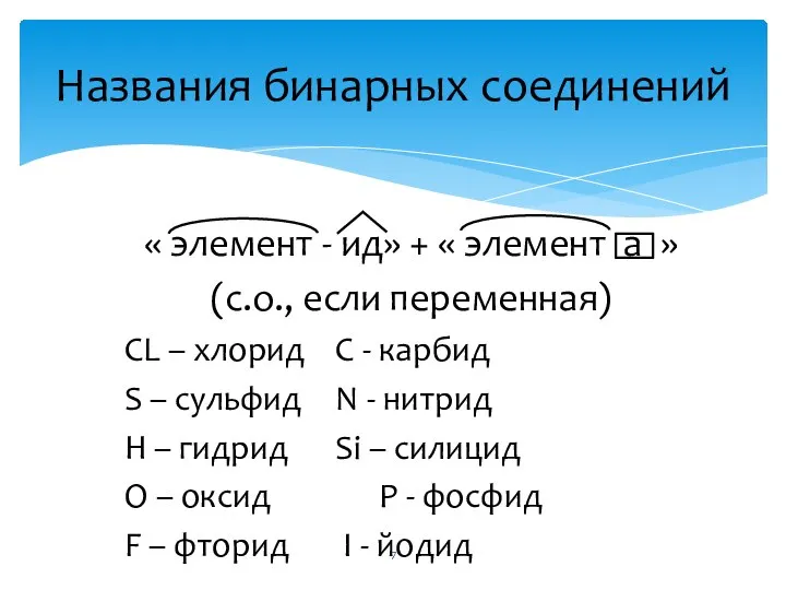 « элемент - ид» + « элемент а » (с.о., если переменная)