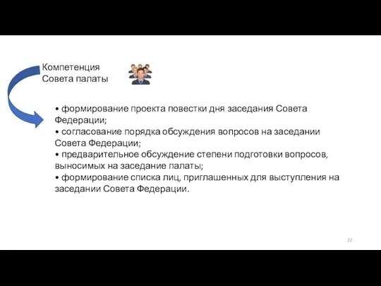 Компетенция Совета палаты • формирование проекта повестки дня заседания Совета Федерации; •