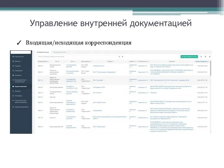 Входящая/исходящая корреспонденция Управление внутренней документацией