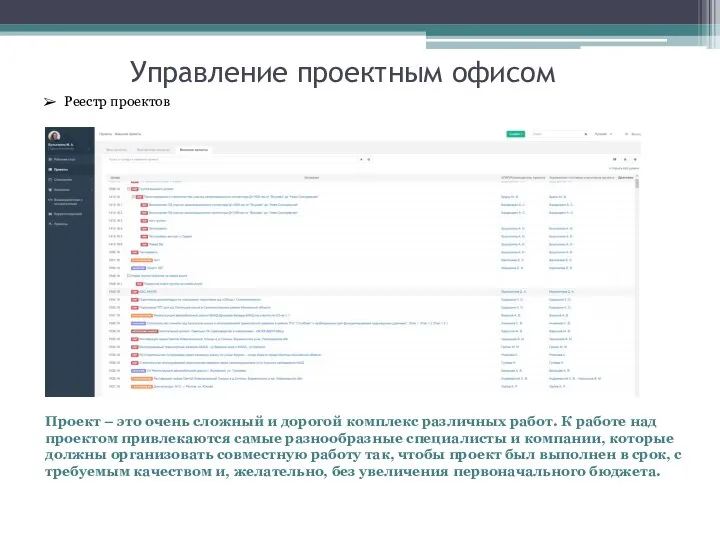 Реестр проектов Управление проектным офисом Проект – это очень сложный и дорогой