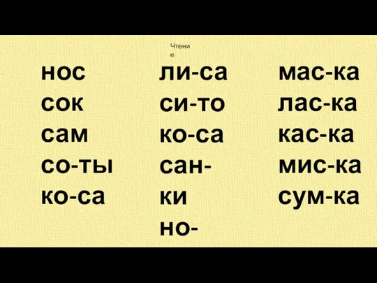 Чтение нос сок сам со-ты ко-са ли-са си-то ко-са сан-ки но-сик мас-ка лас-ка кас-ка мис-ка сум-ка