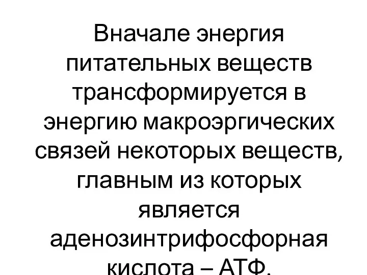 Вначале энергия питательных веществ трансформируется в энергию макроэргических связей некоторых веществ, главным