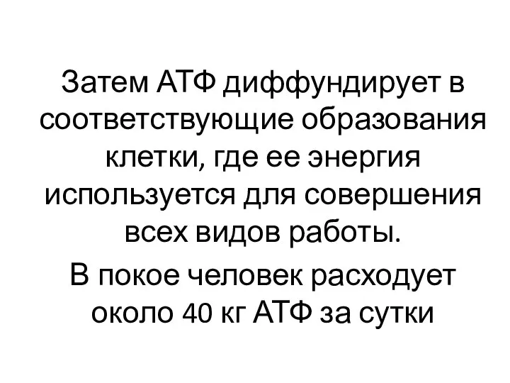 Затем АТФ диффундирует в соответствующие образования клетки, где ее энергия используется для