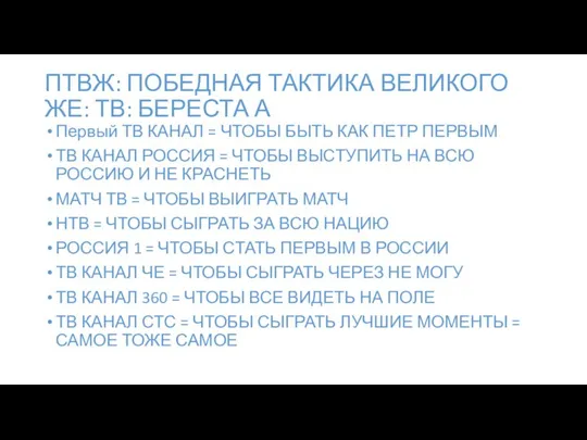 ПТВЖ: ПОБЕДНАЯ ТАКТИКА ВЕЛИКОГО ЖЕ: ТВ: БЕРЕСТА А Первый ТВ КАНАЛ =