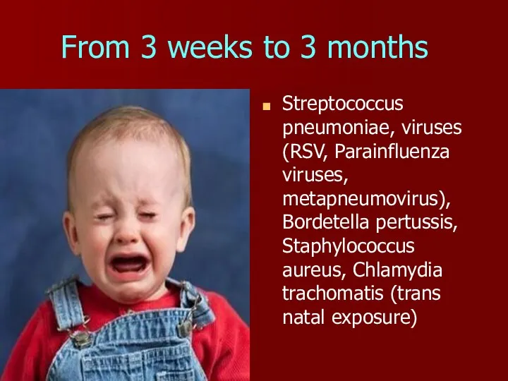 From 3 weeks to 3 months Streptococcus pneumoniae, viruses (RSV, Parainfluenza viruses,