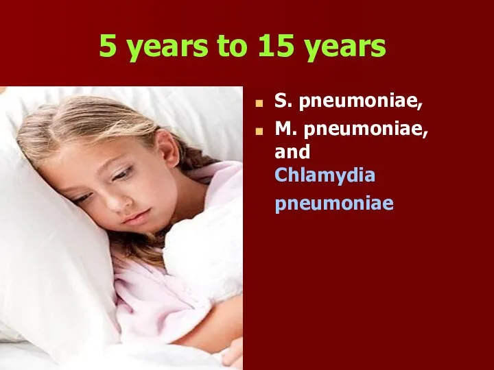 5 years to 15 years S. pneumoniae, M. pneumoniae, and Chlamydia pneumoniae