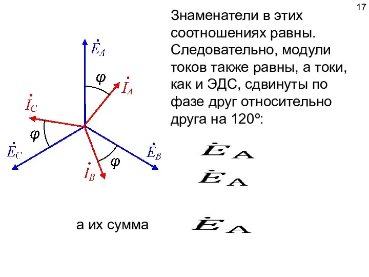 Знаменатели в этих соотношениях равны. Следовательно, модули токов также равны, а токи,