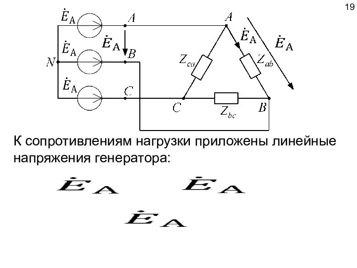 К сопротивлениям нагрузки приложены линейные напряжения генератора: