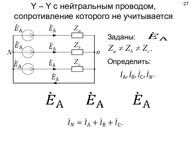 Y – Y с нейтральным проводом, сопротивление которого не учитывается Заданы: Определить: