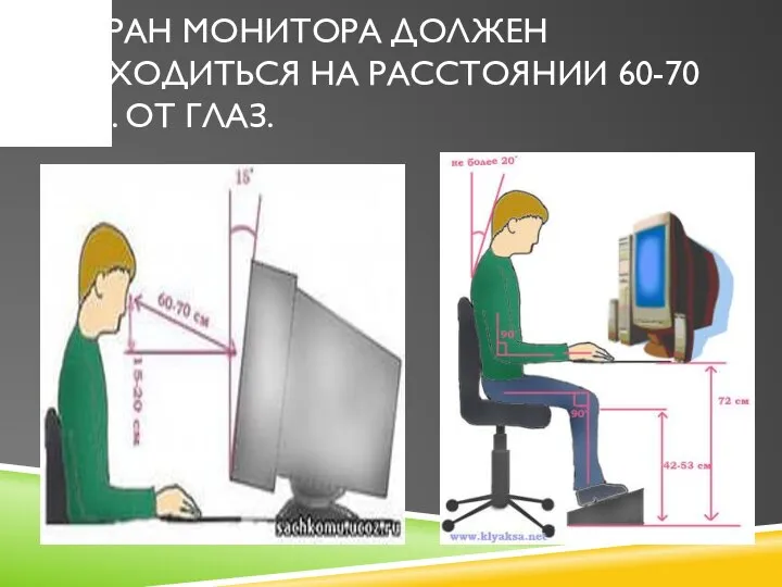 ЭКРАН МОНИТОРА ДОЛЖЕН НАХОДИТЬСЯ НА РАССТОЯНИИ 60-70 СМ. ОТ ГЛАЗ.